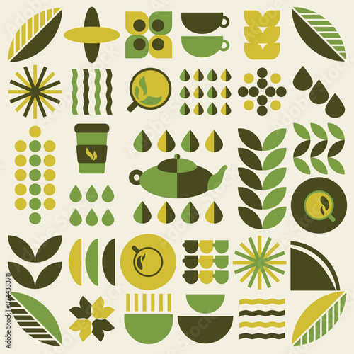 Abstract geometric tea pattern background. Natural organic plants shapes, tea shop menu concept. Vector bauhaus illustration