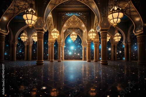 Magical arabian palace interior with glowing lanterns and starry night views