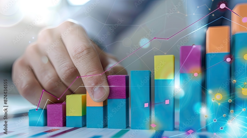 A close-up of a hand arranging colorful blocks into a bar graph, representing business growth, data analysis, and financial success with a digital overlay of connecting lines A close-up of a hand arranging colorful blocks into a bar graph, representing business growth, data analysis, and financial success with a digital overlay of connecting lines