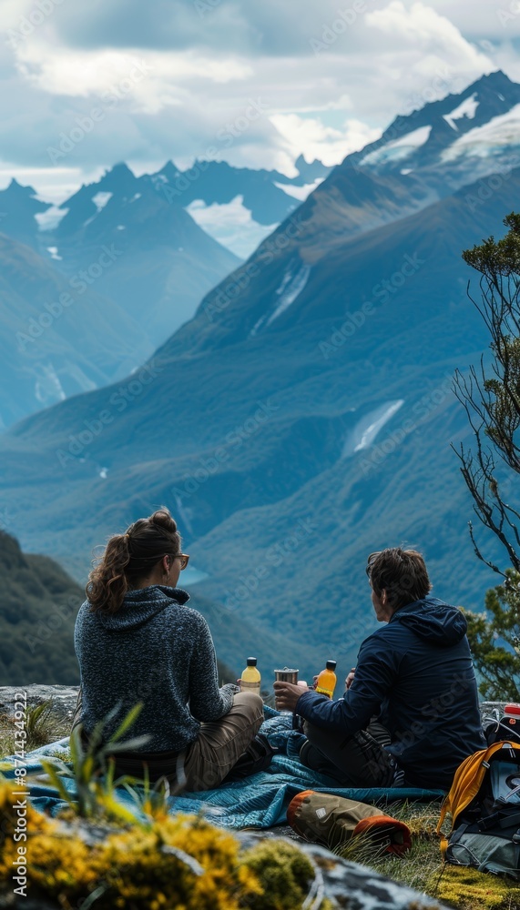 Fototapeta premium Couple Enjoying Scenic Mountain Picnic with Mosquito Repellent Products in Use for Outdoor Protection