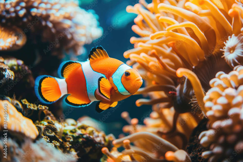 Clownfish swimming among vibrant coral reefs