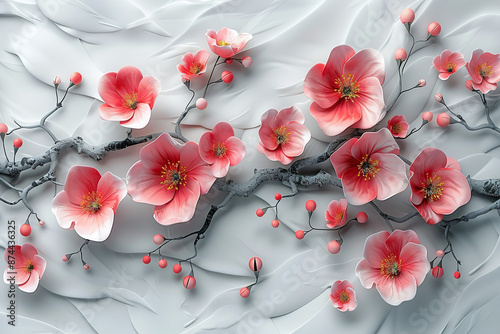  delightful 3D mural of flowers against a fresh white background, framed by intricate and elegant wallpaper patterns.