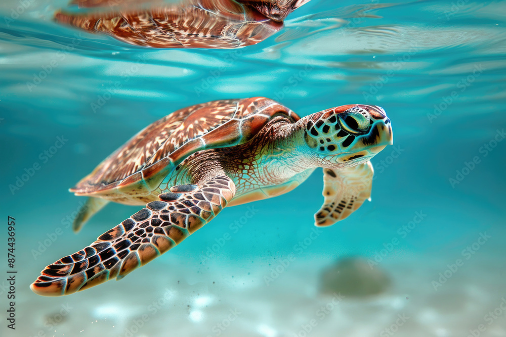 Fototapeta premium Sea turtle swimming gracefully in clear blue waters
