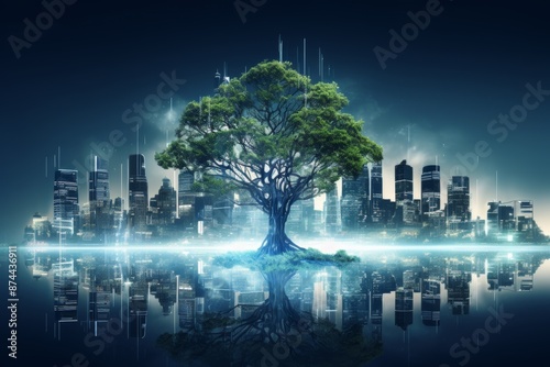 Digital trees emitting light in a high-tech city