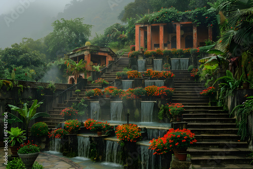 The Hanging Gardens of Babylon, one of the Seven Wonders of the Ancient World, depicted in a majestic and detailed landscape. This historic scene showcases the lush greenery and architectural marvel o
