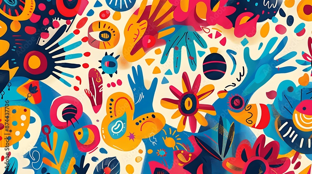 Fototapeta premium Happy Friendship Day card featuring colorful, abstract friendship symbols and celebratory patterns.