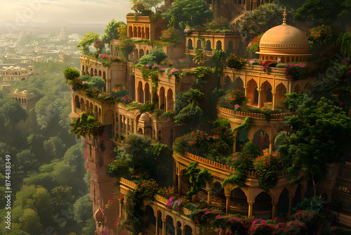 The Hanging Gardens of Babylon, one of the Seven Wonders of the Ancient World, depicted in a majestic and detailed landscape. This historic scene showcases the lush greenery and architectural marvel o