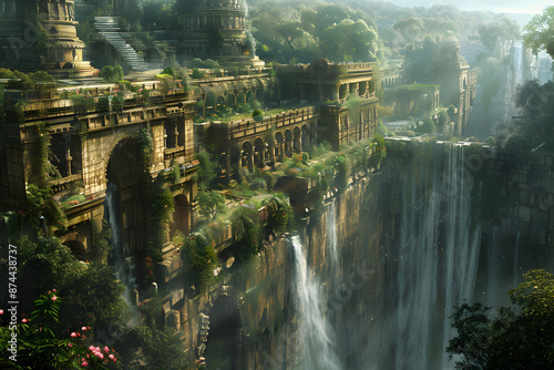 The Hanging Gardens of Babylon, one of the Seven Wonders of the Ancient World, depicted in a majestic and detailed landscape. This historic scene showcases the lush greenery and architectural marvel o photo