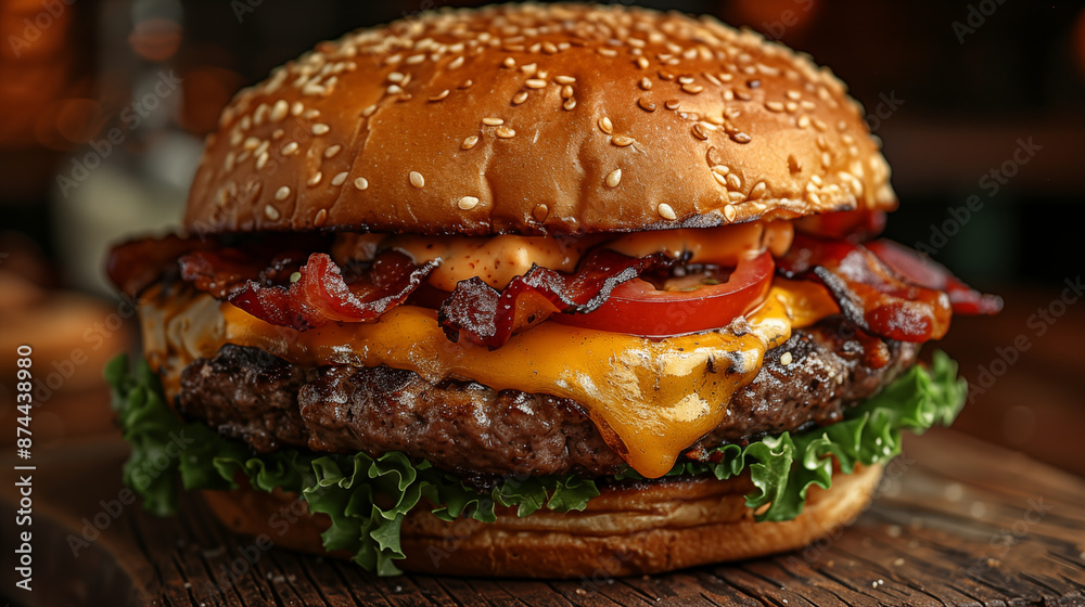 Mouthwatering bacon cheeseburger with fresh vegetables on wooden surface, showcasing gourmet fast food. Concept of indulgence, comfort food, and culinary delight. Mouthwatering bacon cheeseburger with fresh vegetables on wooden surface, showcasing gourmet fast food. Concept of indulgence, comfort food, and culinary delight.