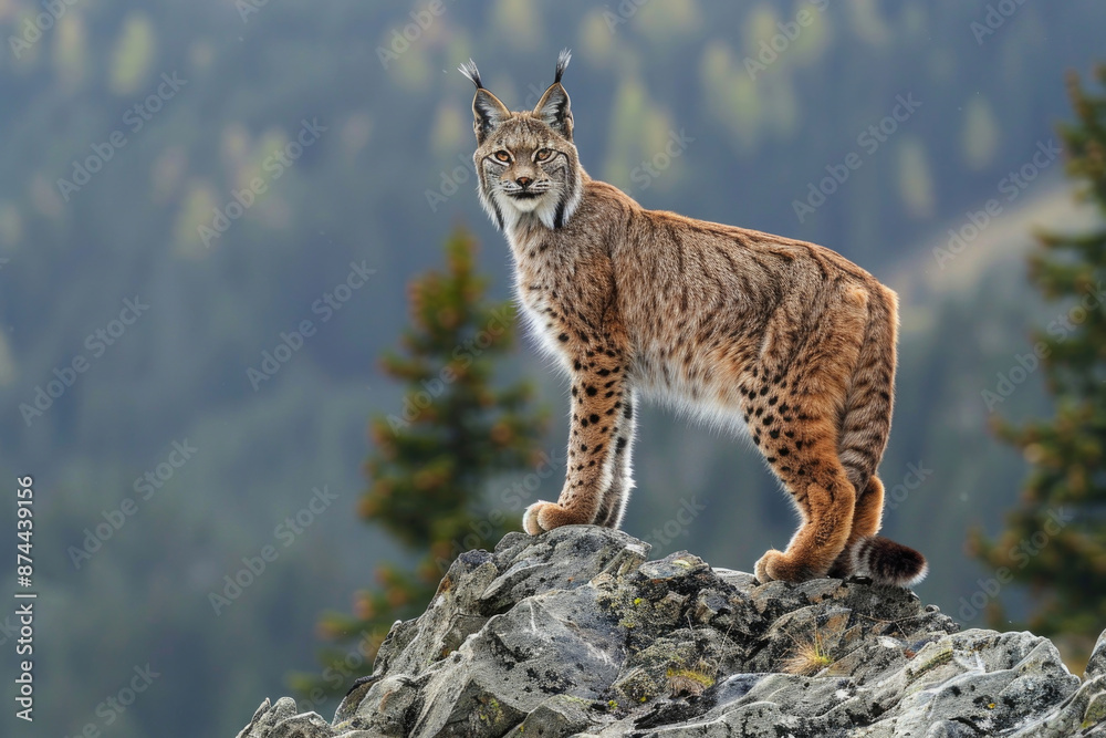 Lynx standing on a rocky outcrop, alert and watchful Lynx standing on a rocky outcrop, alert and watchful