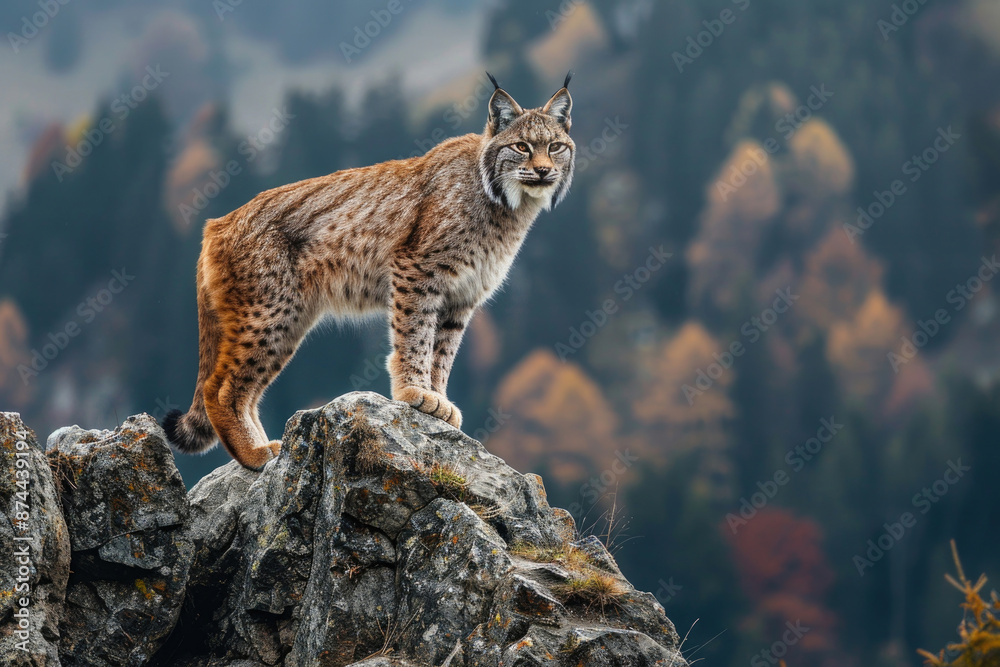 Obraz premium Lynx standing on a rocky outcrop, alert and watchful