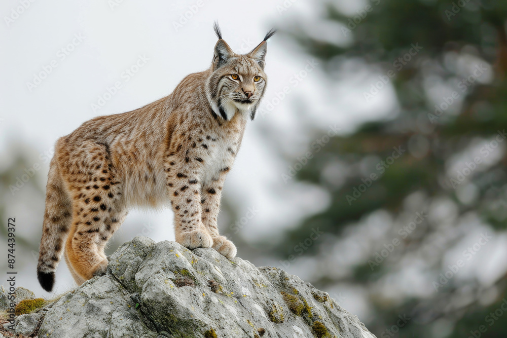 Lynx standing on a rocky outcrop, alert and watchful Lynx standing on a rocky outcrop, alert and watchful