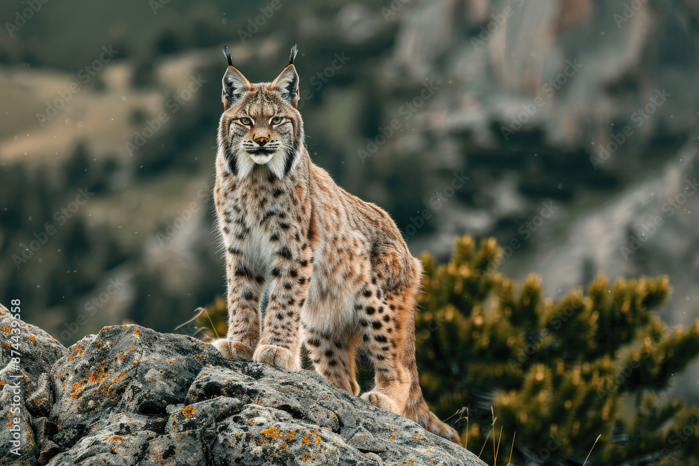 Lynx standing on a rocky outcrop, alert and watchful