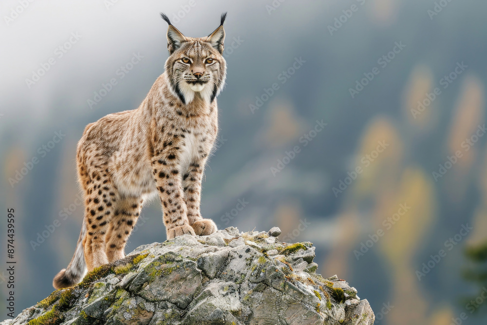 Fototapeta premium Lynx standing on a rocky outcrop, alert and watchful