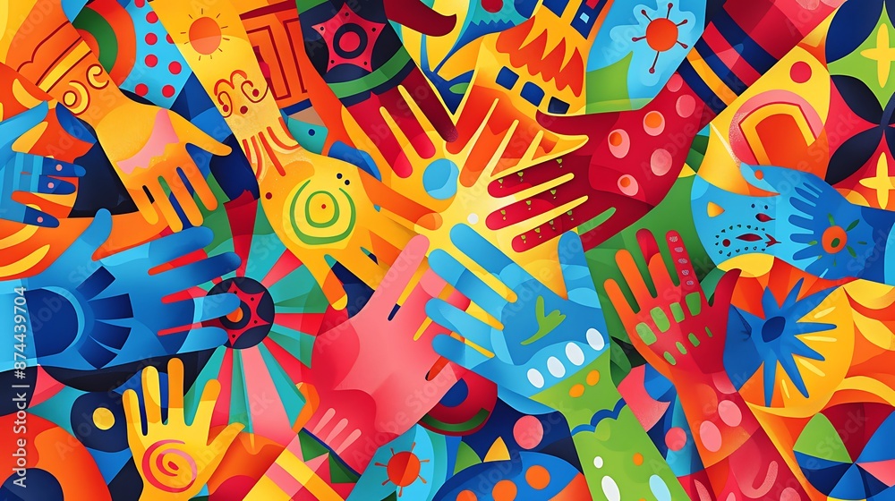 Naklejka premium Happy Friendship Day card featuring vibrant, abstract patterns and unity symbols.