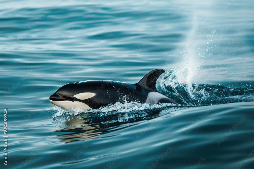 Obraz premium Orca swimming gracefully through the ocean, breaking the surface