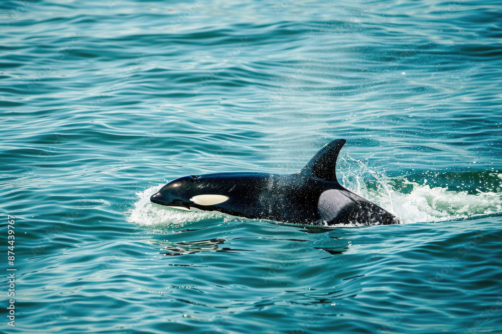 Fototapeta premium Orca swimming gracefully through the ocean, breaking the surface