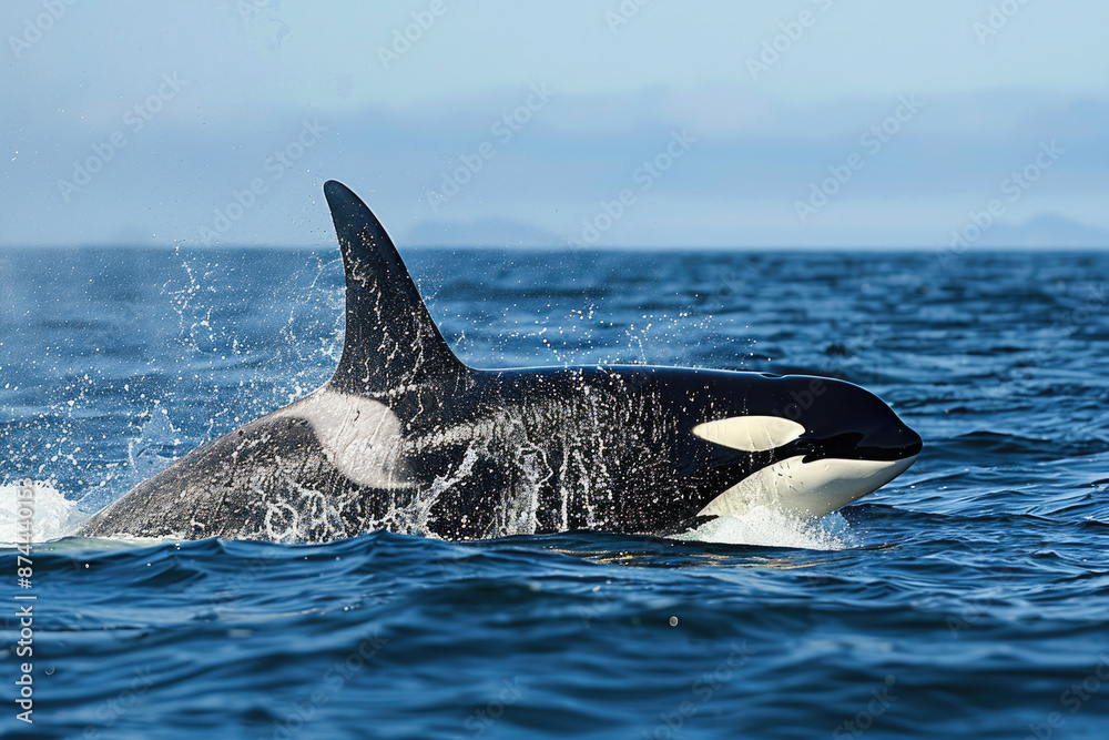 Fototapeta premium Orca swimming gracefully through the ocean, breaking the surface