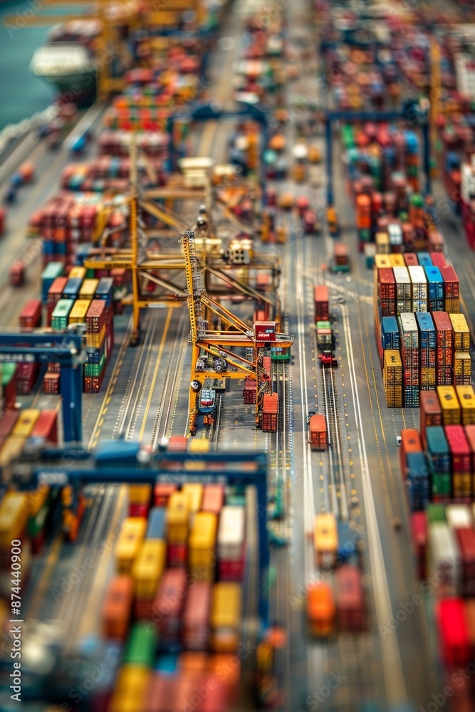 Obraz premium Aerial View of Busy Industrial Port with Cargo Ships, Containers, and Cranes in Action for Global Logistics