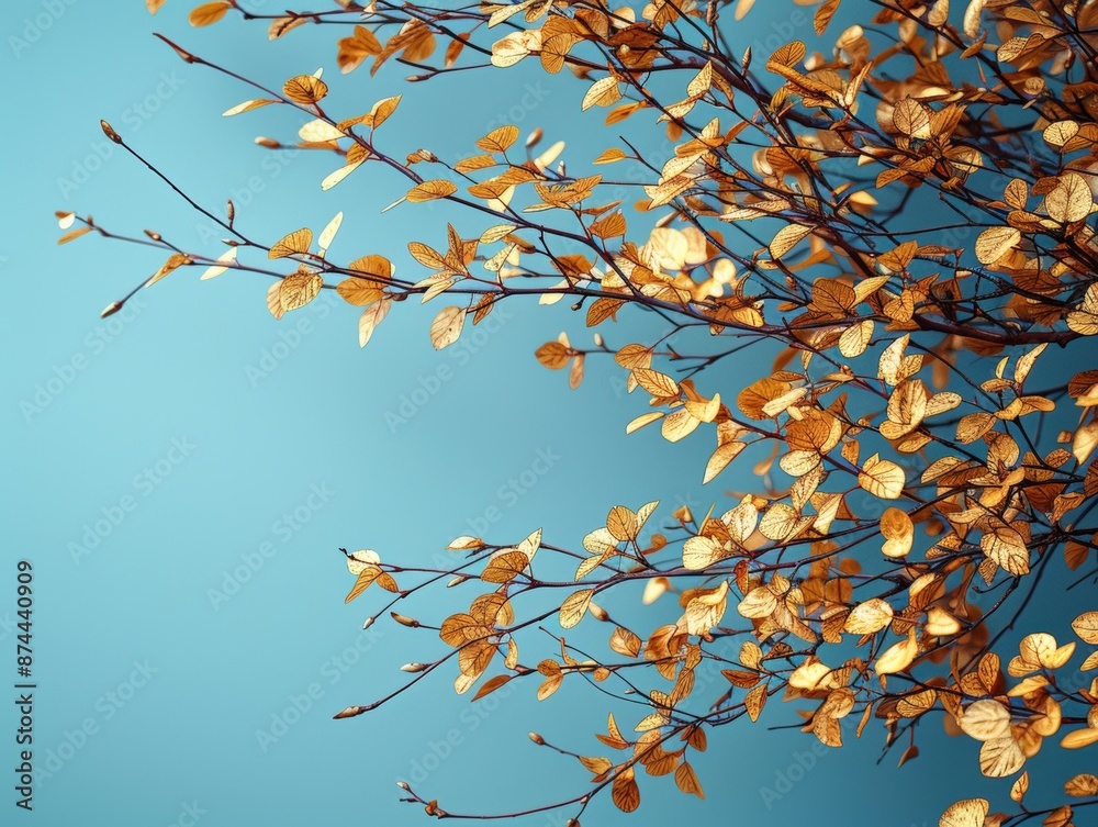 Golden leaves on branches against a turquoise background Golden leaves on branches against a turquoise background