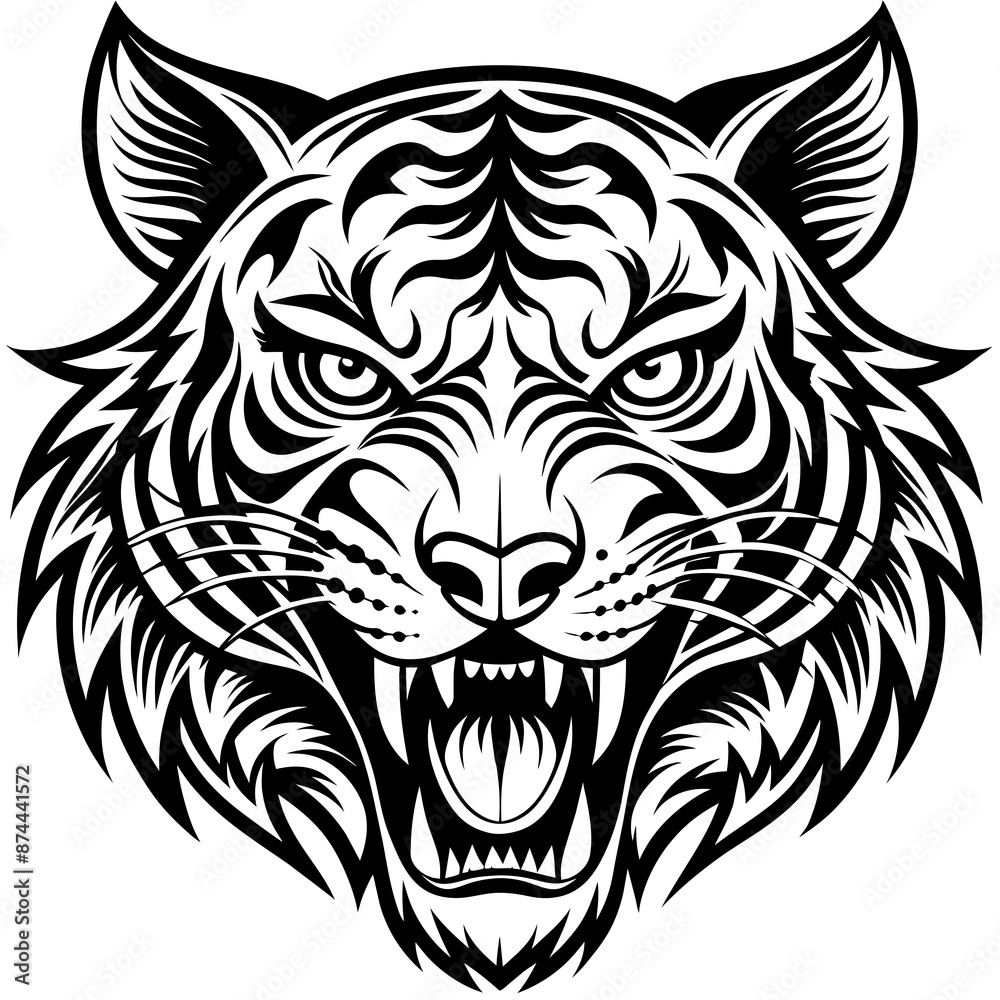 A detailed black depiction of a roaring tiger’s head, showcasing intricate line work and sharp features A detailed black depiction of a roaring tiger’s head, showcasing intricate line work and sharp features