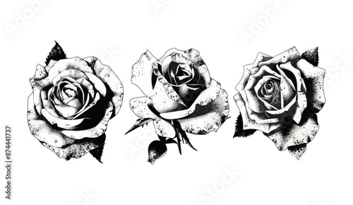 Trendy y2k aesthetic vector illustration of flower heads with grunge stippling grain messy texture. Roses photocopy effect elements set. Ideal for poster design, t-shirt print, sweatshirt tee. Vector 