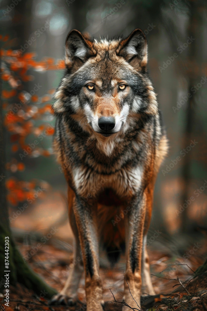 Wolf standing in the forest, its piercing eyes glowing Wolf standing in the forest, its piercing eyes glowing