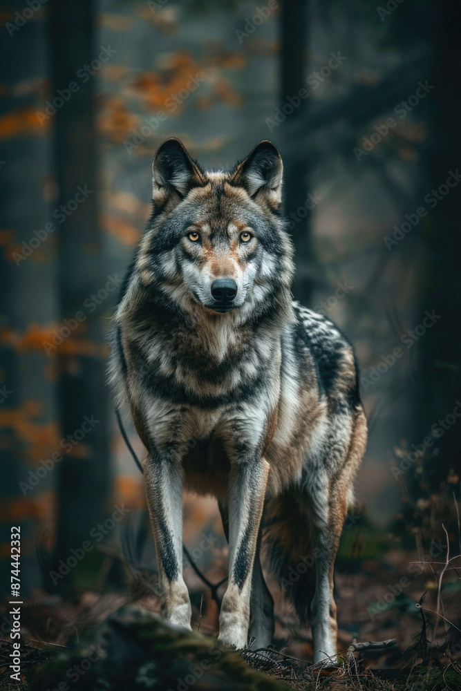 Wolf standing in the forest, its piercing eyes glowing Wolf standing in the forest, its piercing eyes glowing