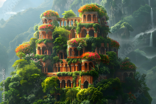 The Hanging Gardens of Babylon, one of the Seven Wonders of the Ancient World, depicted in a majestic and detailed landscape. This historic scene showcases the lush greenery and architectural marvel o photo