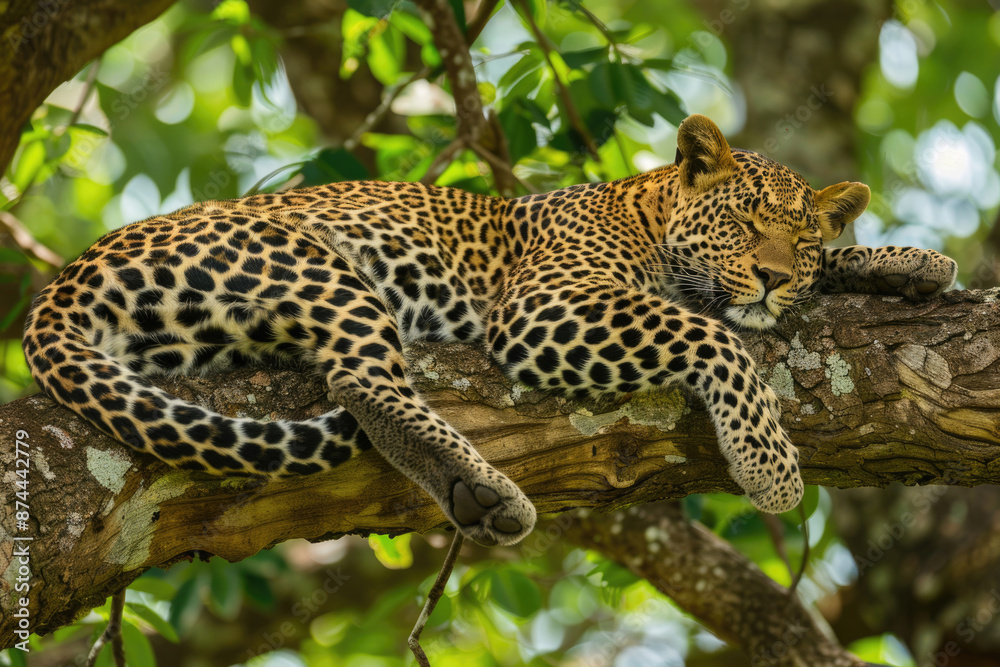 Leopard resting on a tree branch, spots blending with the foliage Leopard resting on a tree branch, spots blending with the foliage