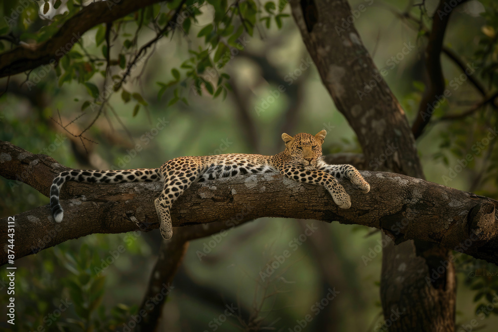 Leopard resting on a tree branch, spots blending with the foliage Leopard resting on a tree branch, spots blending with the foliage