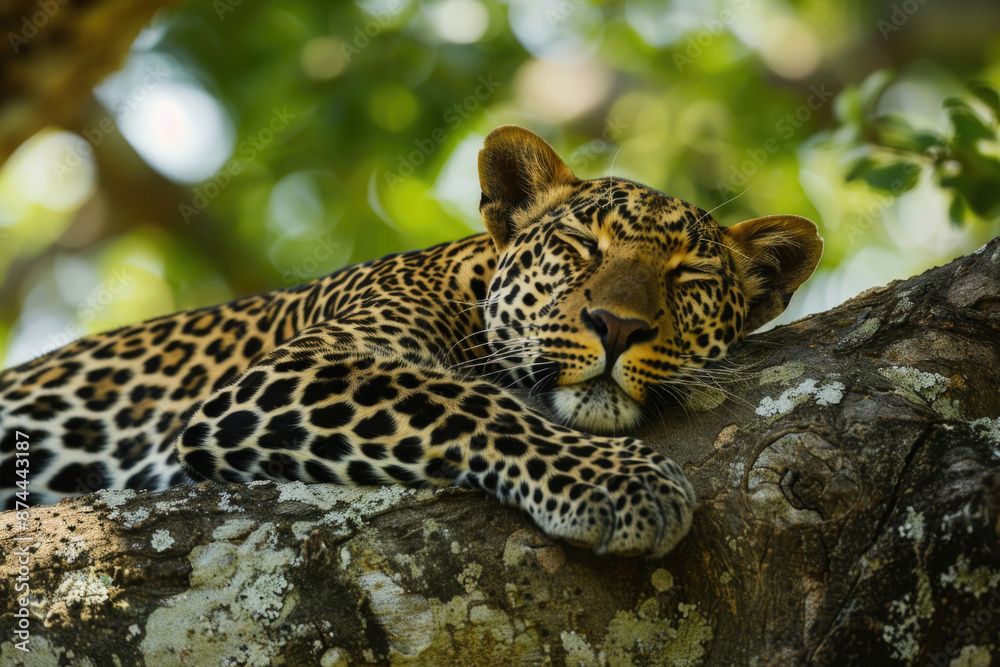 Leopard resting on a tree branch, spots blending with the foliage Leopard resting on a tree branch, spots blending with the foliage