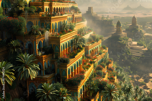 The Hanging Gardens of Babylon, one of the Seven Wonders of the Ancient World, depicted in a majestic and detailed landscape. This historic scene showcases the lush greenery and architectural marvel o