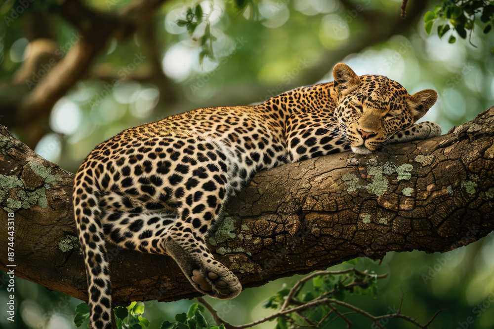 Leopard resting on a tree branch, spots blending with the foliage Leopard resting on a tree branch, spots blending with the foliage
