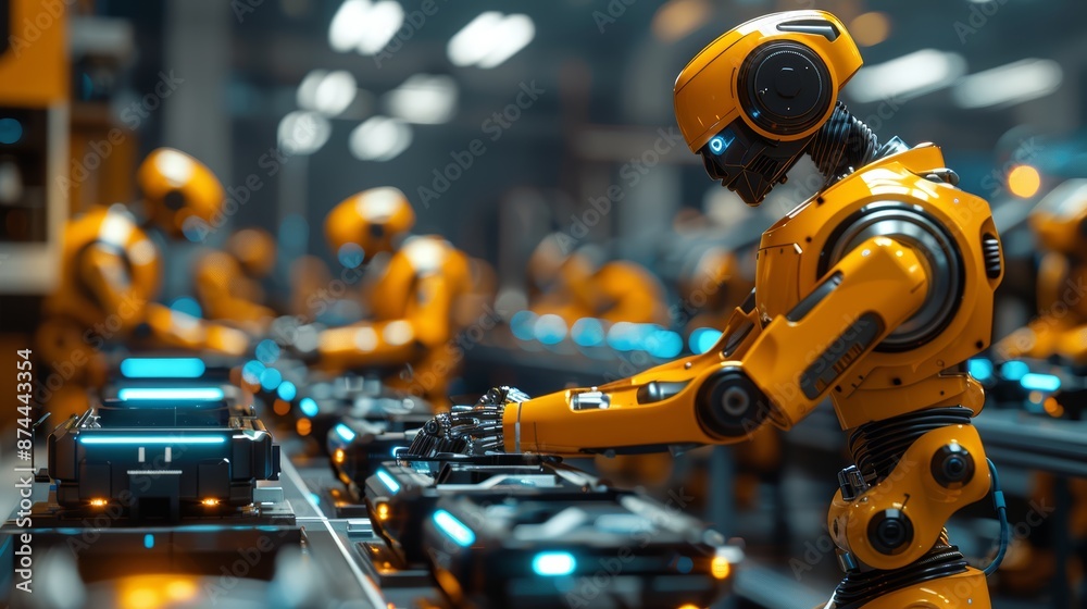 Advanced robotics working in a high-tech factory, seamless integration with AI, neon lights, focus cover all object, deep dept of field