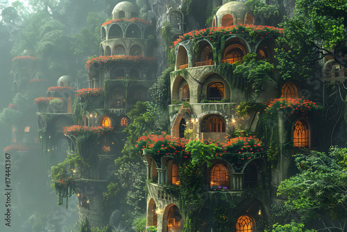 The Hanging Gardens of Babylon, one of the Seven Wonders of the Ancient World, depicted in a majestic and detailed landscape. This historic scene showcases the lush greenery and architectural marvel o