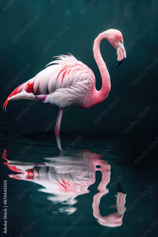 Fototapeta premium Flamingo standing in shallow water, reflected in the surface