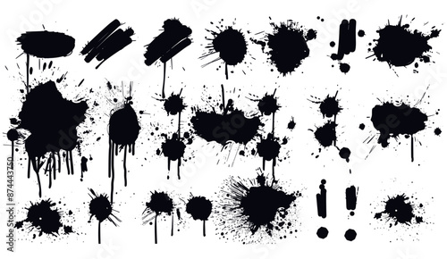 Urban street vector graffiti element set, black grunge spray kit. Cool messy ink splatter brush drip, freehand writing stain splash and circles, dirty airy stroke. Dark spray graffiti splash, urban 