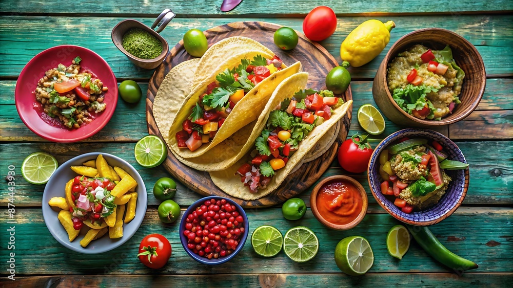 Vibrant colors of a authentic Mexican menu board featuring tacos, burritos, guacamole, salsa, and margaritas against a distressed wooden background with festive sombreros. Vibrant colors of a authentic Mexican menu board featuring tacos, burritos, guacamole, salsa, and margaritas against a distressed wooden background with festive sombreros.