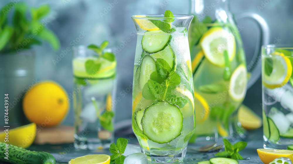 A pitcher of infused water with slices of cucumber, lemon, and mint, alongside glasses filled with refreshing drinks. A pitcher of infused water with slices of cucumber, lemon, and mint, alongside glasses filled with refreshing drinks.