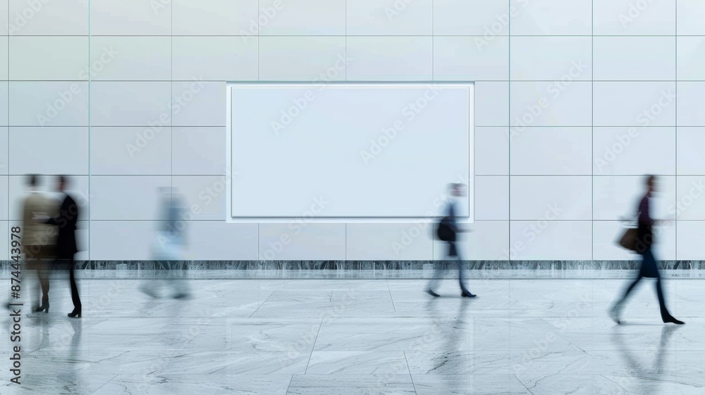 Luxurious Minimalist Indoor Scene with Motion Blur of Passersby, Empty White Frame on Concrete Wall, Bright Daylight Ambiance