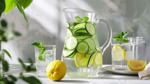 A pitcher of infused water with slices of cucumber, lemon, and mint, alongside glasses filled with refreshing drinks.