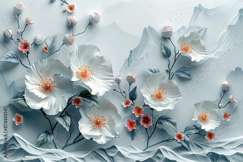 A captivating 3D mural featuring a lush array of flowers set on a clean white background, enhanced by intricate wallpaper designs