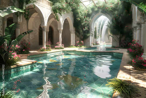 The Hanging Gardens of Babylon, one of the Seven Wonders of the Ancient World, depicted in a majestic and detailed landscape. This historic scene showcases the lush greenery and architectural marvel o