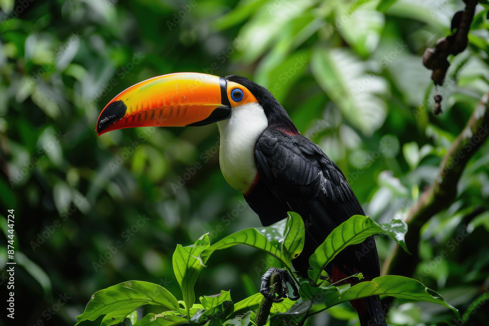 Naklejka premium Toucan perched on a branch, its colorful beak vibrant against green leaves