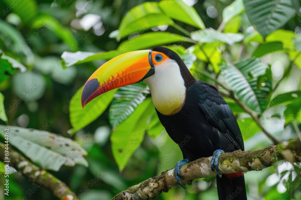 Toucan perched on a branch, its colorful beak vibrant against green leaves Toucan perched on a branch, its colorful beak vibrant against green leaves