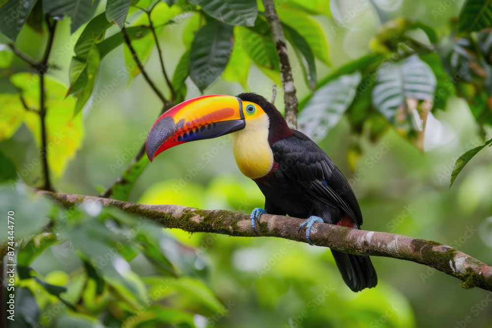 Toucan perched on a branch, its colorful beak vibrant against green leaves Toucan perched on a branch, its colorful beak vibrant against green leaves