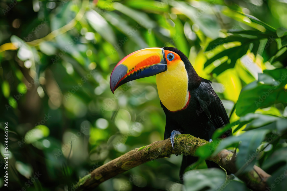 Toucan perched on a branch, its colorful beak vibrant against green leaves Toucan perched on a branch, its colorful beak vibrant against green leaves