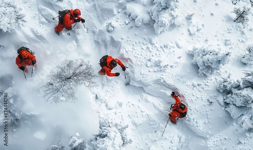 aerial view of a dedicated red mountain rescue team skillfully navigating snowy terrain during a search operation, emphasizing their strength and precision amidst the stark white landscape