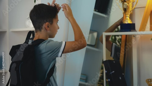 Confident boy adjusting hairstyle in front of mirror, getting ready for school